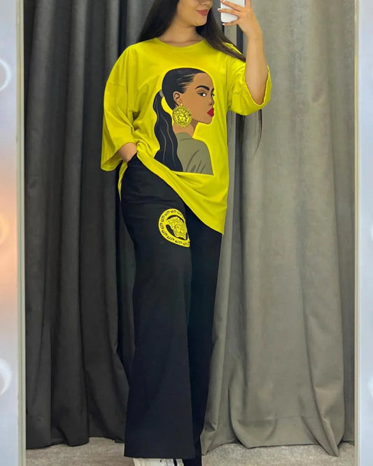 Choice Wear Printed Drop-Shoulder Tee & Trousers Set for Women