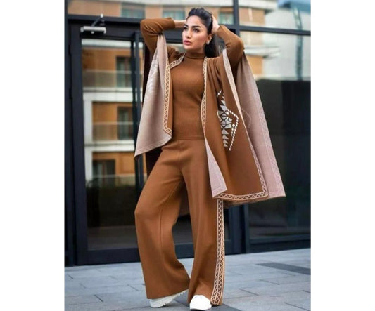 Choice Wear 3-Piece Winter Fleece Outfit for Women High Neck + Shawl + Trouser Set Soft & Warm