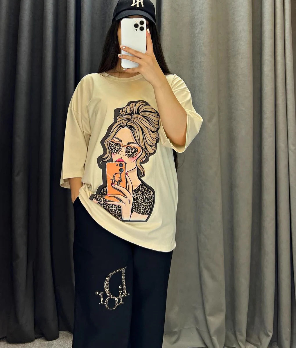 Choice Wear Printed Drop-Shoulder Tee & Trousers Set for Women
