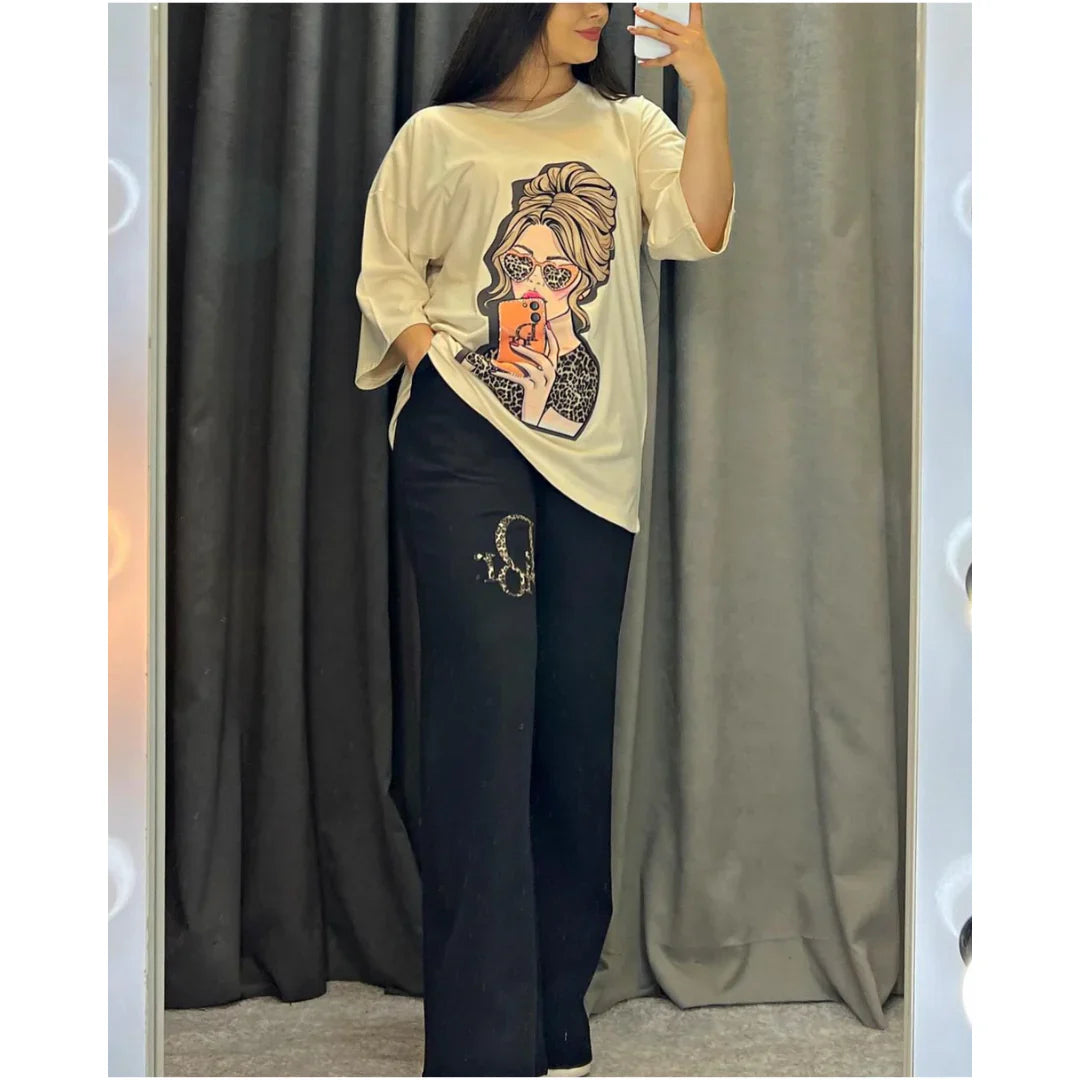 Choice Wear Printed Drop-Shoulder Tee & Trousers Set for Women
