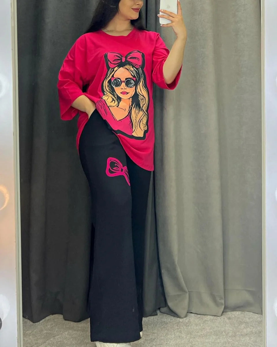 Choice Wear Printed Drop-Shoulder Tee & Trousers Set for Women