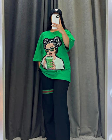 Choice Wear Printed Drop-Shoulder Tee & Trousers Set for Women