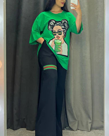 Choice Wear Printed Drop-Shoulder Tee & Trousers Set for Women